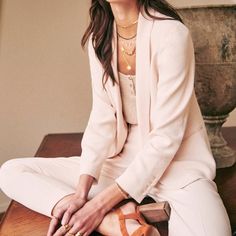 Nwt Color: Rosy Beige ***This Posting Is For The Cream Color Trousers. Pictures Of The Other Color Trousers Are For Reverse. ** Sp050125 French Women, Pink Blazer, Long Sleeve Blazers, Low Waisted, Trouser Suits, Parisian Style, Wedding Suits, Black Suede, How To Introduce Yourself