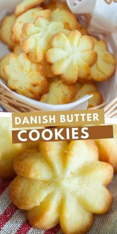 danish butter cookies in a wicker basket with the words, danish butter cookies on it