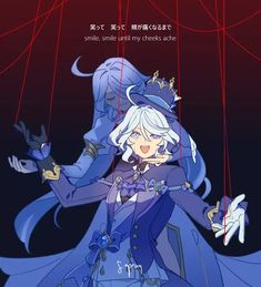 an anime character with long white hair wearing a blue outfit and holding two hands up to her chest