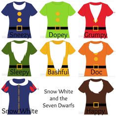 snow white and the seven dwarfs t - shirts are shown in different colors, with words written