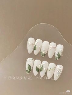 Wedding Nails Sage Green And White, White Floral Nail Art, Wedding Nails With Vines, Greenery Nails Wedding, Snowdrop Nail Art, Lily Of The Valley Nail Art, Plant Themed Nails, Green Wedding Nails For Bride, Lily Of The Valley Nails