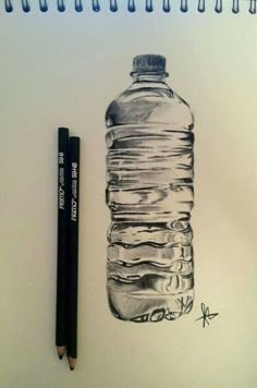 a drawing of a water bottle next to a pencil