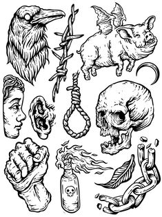 an ink drawing of skulls and other items