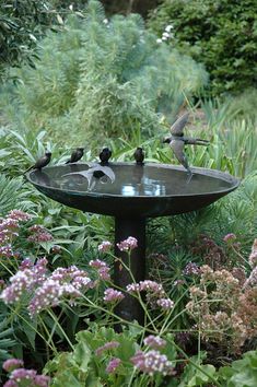 birds are sitting on the birdbath in the middle of some flowers and plants