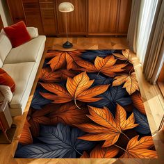 an area rug with leaves on it in a living room