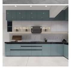 two pictures of a kitchen with blue cabinets and black counter tops, one is empty