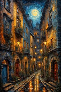 Dark Fantasy Poster: Mystical Old City Inspired by Halifax, Oil Painting Imitation Fantasy City Night, Urban Fantasy City, City Landscapes, Fantasy Poster, Painting Styles, Moonlit Sky, Fantasy Posters, Modern Oil Painting, Cityscape Art