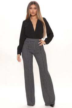 Available In Black/Grey. Wide Leg Pants High Waist Pintuck Seam Detail Back Zipper Closure Houndstooth Print Stretch Disclaimer: Pattern Placement Will Vary 95% Polyester 5% Spandex Imported | Victoria High Waist Dress Pant Houndstooth 35 in Black/Grey size Small by Fashion Nova High Waist Houndstooth Pants For Fall, Elegant Black Houndstooth Bottoms, Black Houndstooth Pants For Office, Black Houndstooth Office Pants, Black Wide Leg Bottoms With Houndstooth Pattern, Chic Houndstooth Pants For Workwear, Black Houndstooth Trousers, Elegant Black Houndstooth Pants, Houndstooth Pants Outfit