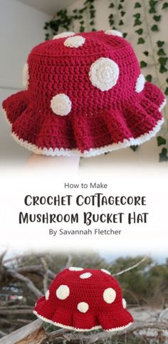 crochet cottage mushroom bucket hat is shown in red and white with polka dots