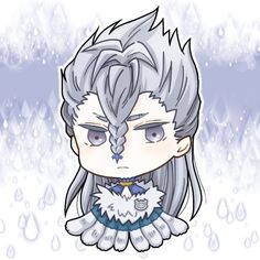 an anime character with grey hair and blue eyes, standing in front of water drops