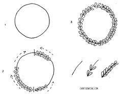 three different types of wreaths with leaves and flowers on them, one is drawn in black ink