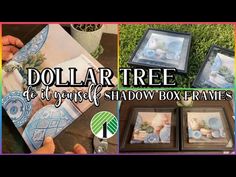 dollar tree diy project shadow box frames with blue and white designs on them, including pictures