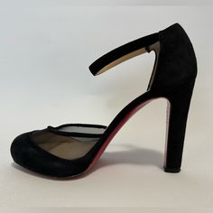 Size: It 36, Us 6 Preowned 100% Authentic Christian Louboutin Vicky Jane 120 Black Suede Sandals With Semi Pointed-Toes, Mesh Panels At Uppers, Covered Heels And Snap Closures At Ankle Straps. Preworn Condition With Signs Of Wear, Creasing, Scuffs. Pictures Are Of Actual Item For Sale And Part Of The Listing Description. Please Enlarge And Review All Pics Carefully And Kindly Ask All Questions Before Purchase. All Sales Are Final. Original Retail Price $895 No International Shipments. Evening Closed Toe Heels With Contrasting Heel Counter, Evening Heels With Red Sole And Closed Toe, Chic Heels With Red Sole For Evening, Evening Heels With Red Sole And Almond Toe, Evening Heels With Contrasting Heel Counter And Round Toe, Evening Heels With Contrasting Heel And Round Toe, Pump Heels, Strap Pumps, Suede Sandals