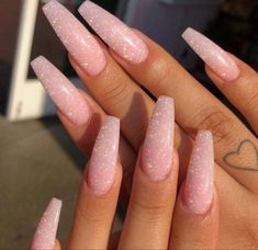 Pink Nails Acrylic Coffin, Long Pink Nails, Pink Nails Acrylic, Baby Pink Nails Acrylic, Nails Acrylic Coffin, Baby Pink Nails, Glitter Nails Acrylic