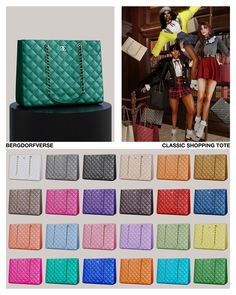 the different colors of purses are shown in this collage, and there is an image of two women standing next to each other