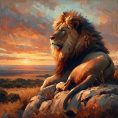 a painting of a lion sitting on top of a rock with the sun setting in the background