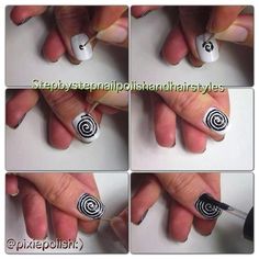 Diy Goth Nails, Spiral Nails Tutorial, Nail Art Grunge, Goth Short Nails, Spiral Nail Art, Grunge Nail Ideas, Album Cover Nails, Emo Nail Art, Punk Nail Art