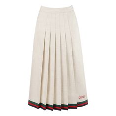 Gucci S/S 2018 Ivory Linen & Silk Pleated Embroidered Equestrian Web Midi Skirt Brand / Manufacturer: Gucci Collection: S/S 2018 Designer: Alessandro Michele Style: Midi Skirt Color(s): Shades of ivory (oatmeal). Trim: Green, red, blue Lined: No Marked Fabric Content: Main: 80% Linen, 20% Silk. Details: 50% Cotton, 50% Viscose. Lining: 76% Cotton, 24% Linen Additional Details / Inclusions: Gucci S/S 2018 pleated midi skirt. Skirt has A-line cut and fit. Recognizable Gucci web grosgrain ribbon at Gucci Pleated Skirt, Alessandro Michele Style, Gonna Midi, Gucci Skirt, Gucci Collection, Gucci Outfits, Alessandro Michele, Skirt Skirt, Pleated Midi Skirt