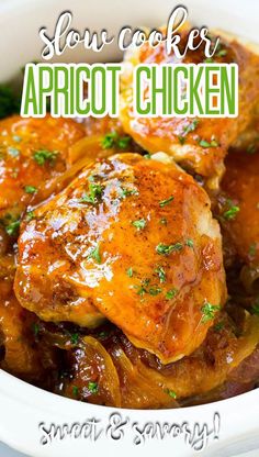 slow cooker apricot chicken in a white bowl