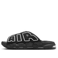 Nike Air More Uptempo Slide OG 'Black White' DV2137-001 Casual Black Slides For Outdoor Activities, Sporty Black Slides For Outdoor Activities, Black Comfortable Sneakers For Outdoor Activities, Functional Black Slides For Outdoor, Black Slides With Cushioned Footbed For Outdoor, Sporty Black Slides For Outdoor, Black Breathable Synthetic Slides, Black Synthetic Slides For Outdoor Activities, Black Breathable Casual Slides