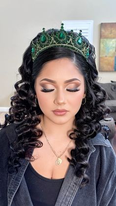 Makeup look  makeup and hair by me #makeup 15 Makeup Looks Emerald Green, Makeup Look For Emerald Green Dress, Quince Makeup For Royal Blue Dress, Emerald Makeup Look Quince, Hairstyles Quinceanera Half Up, Quince Make Up Looks, Quinceanera Makeup Sage Green, Emerald Green Quinceanera Makeup, Quincenera Makeup Full Face