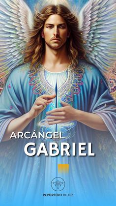 an angel holding a bowl in his hands with the words, arcangel gabril