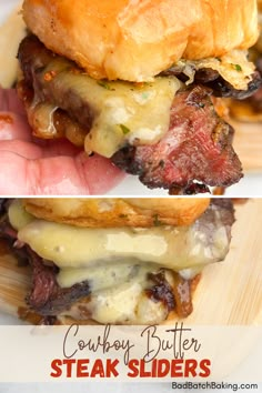 two pictures of steak sliders with melted cheese on top and bacon on the bottom