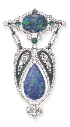 A BELLE ÉPOQUE GEM-SET AND ENAMEL BROOCH. Designed as an independently-set pear-shaped cabochon opal, within an openwork old European-cut diamond surround, enhanced by green enamel paisleys, each centring upon an old European-cut diamond and single-cut emerald foliate motif, from a navette-shaped old European-cut diamond plaque, centring upon an oval cabochon opal, accented by cabochon emeralds, mounted in platinum, circa 1915. Bijoux Art Deco, Belle Epoch, Bijoux Art Nouveau, Edwardian Jewelry, Art Nouveau Jewelry, Enamel Brooch, Deco Jewelry, Green Enamel, Van Cleef