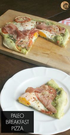 two slices of pizza on a plate with the words paleo breakfast pizza written below