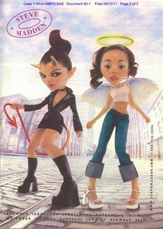 two dolls are standing next to each other in front of an advertisement for the same product