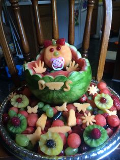 a bowl filled with lots of fruit sitting on top of a table