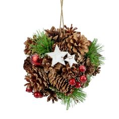 a christmas ornament with pine cones, berries and star decorations on white background