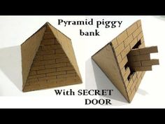 two pieces of cardboard are shown with the words pyramid piggy bank and secret door