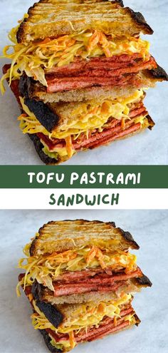 two different sandwiches stacked on top of each other with the words tofu pasta sandwich