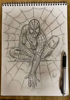 a drawing of a spider man sitting in the middle of a web