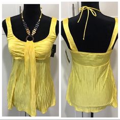 Bright Yellow Sleeveless With Beaded Accents Elegant Sleeveless Tank Top For Summer, Elegant Summer Beach Vest, Elegant Stretch Summer Vest, Elegant Spring Halter Tank Top, Elegant Summer Lace Tank Top, Elegant Tank Top For The Beach, Elegant Sleeveless Tank Top For Beach, Elegant Stretch Tank Top For Vacation, Elegant Stretch Tank Top For Beach