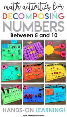 an image of math activities for decomposing numbers between 5 and 10