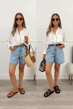 Oversized Linen-Blend Step Hem … curated on LTK Casual Denim Shorts Outfit, Linen Shorts Outfit, Linen Shirt Outfit, Denim Shorts Style, Summer Shorts Denim, Shirt Outfit