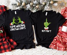 "I Love Matching Christmas Shirts T-shirt, But I Don't Shirt, Sarcastic Mr And Mrs Christmas Outfit, Funny Couples Matching Christmas Tee HOW TO ORDER SHIRT 1-) Please, Check and Review all Photos. 2-) Select Your  Size. 3-) Click ADD TO CART and You can go back to add more product color and text color or You can complete the checkout process. 4-)Please Click \"Proceed to Check Out\" 5-) Finally, Your Custom Shirt will be ready to ship 2-5 Business Day. SIZING Please reference our sizing chart in the photos to ensure correct size selection. Size down on this one for a standard fit. -Colors may vary from monitor to monitor. Please keep that in mind as you are selecting colors since colors can vary slightly from the screen color to the printed product. Shipping: We work hard to ship orders a Mr And Mrs Grinch Shirts, Christmas Outfit Funny, Matching Christmas Shirts, Mr Und Mrs, Christmas Gifts For Couples, Funny Couples, Christmas Couple, Couples Matching, Christmas Tees