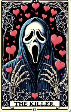 a playing card with a skeleton holding hearts in it's hands and the words, the