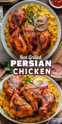 the best grilled persian chicken is served over yellow rice and garnished with onions