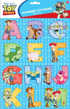 the toy story alphabet stickers are available in various sizes and colors, including letters