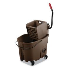 a brown plastic mop bucket on wheels