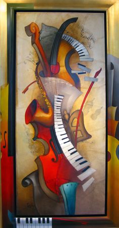 an abstract painting with musical instruments on the wall next to a piano and other items