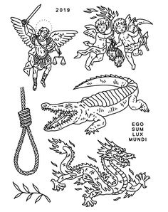 an image of some drawings that are in the style of tattoo art, including angels and fish