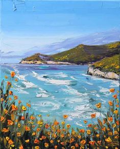 an oil painting of the ocean with yellow flowers in front of it and cliffs on the other side