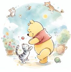 winnie the pooh and her kitten playing with each other