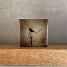 a bird sitting on top of a wooden shelf