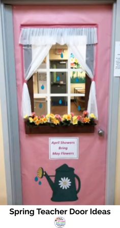 a pink door decorated with flowers and a teapot on the outside, says spring teacher door ideas