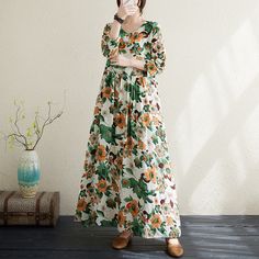 Women's Vintage Floral Dress Crew Neck High Waist Cotton Linen Dress Holiday Vacation Dress Spring Casual Long Sleeve Vintage Dress, Spring Casual Vintage Dress With Long Sleeves, Casual Long Sleeve Vintage Dress For Spring, Non-stretch Cotton Maxi Dress For Spring, Spring Floral Print Non-stretch Dress, Green Floral Print Vintage Dress, Casual Long Sleeve Vintage Dress For Summer, Casual Vintage Dress For Spring, Long Sleeve Vintage Dress With Floral Print For Summer